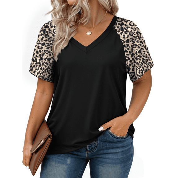 WellSize Plus Size T Shirts for Women Color Block Short Sleeve Tunic Tops Casual V Neck Summer Blouses