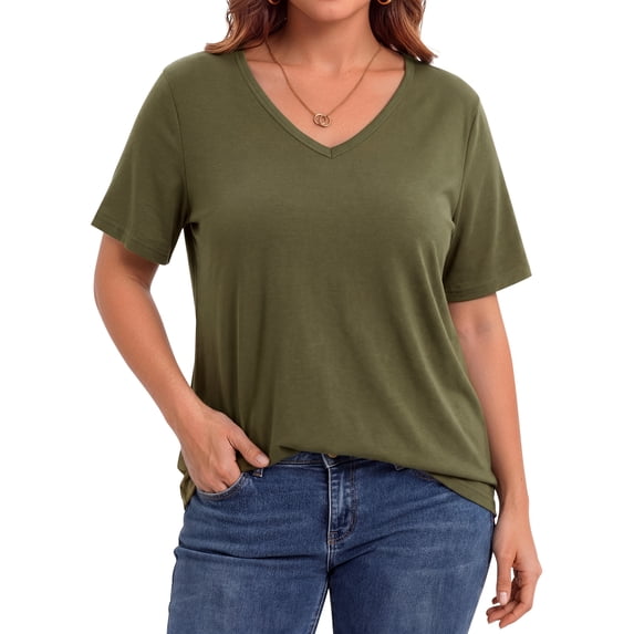 WellSize Plus Size Womens T Shirts V Neck Tunic Tops for Women Summer Short Sleeve Shirts Basic Tops