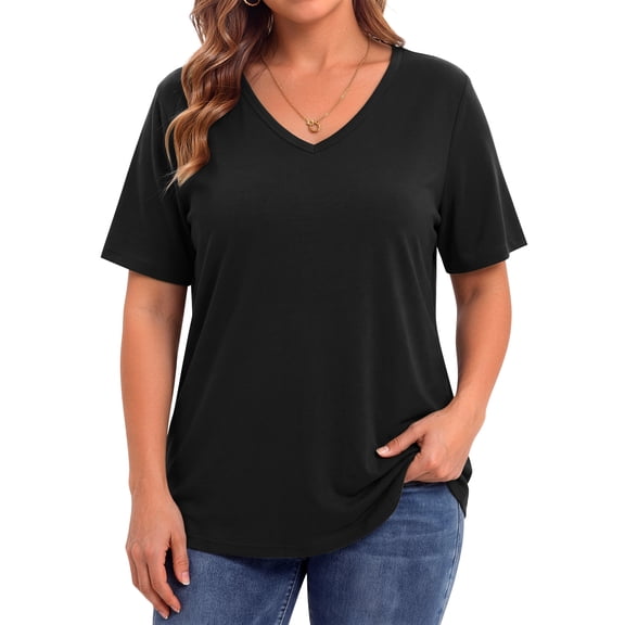 WellSize Plus Size Womens T Shirts V Neck Tunic Tops for Women Summer Short Sleeve Shirts Basic Tops