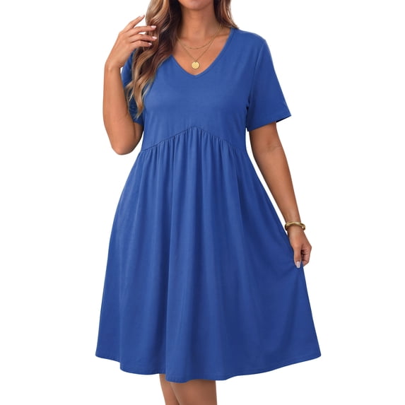 WellSize Plus size Dresses For Women Floral Casual V Neck Short Sleeve Sundresses Midi Summer Dress with Pockets