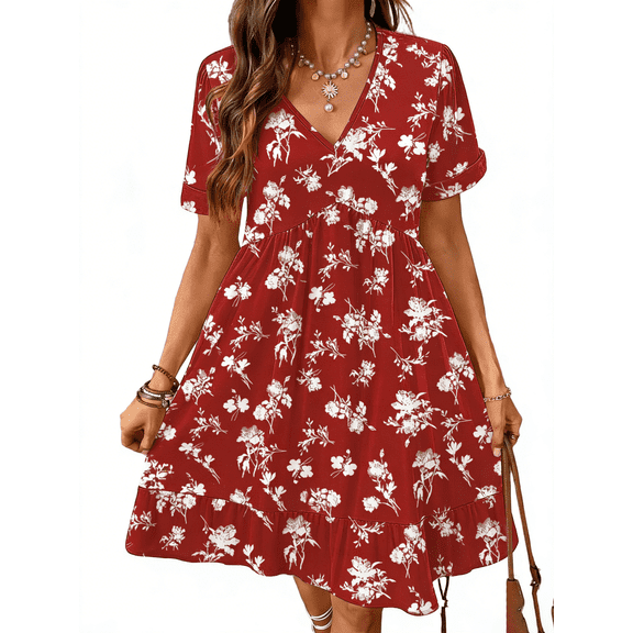 WellSize Plus size Dresses For Women Floral Casual V Neck Short Sleeve Sundresses Midi Summer Dress with Pockets