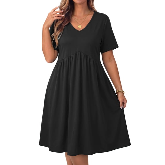 WellSize Plus size Dresses For Women Floral Casual V Neck Short Sleeve Sundresses Midi Summer Dress with Pockets