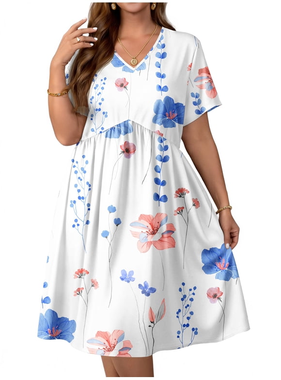 Plus size Dresses For Women Floral Casual V Neck Short Sleeve Sundresses Midi Summer Dress with Pockets