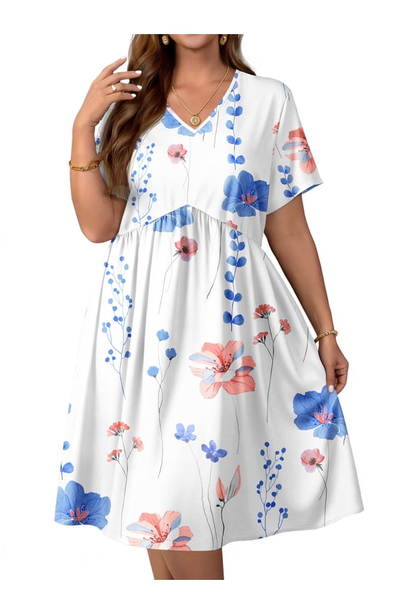Plus size Dresses For Women Floral Casual V Neck Short Sleeve Sundresses Midi Summer Dress with Pockets