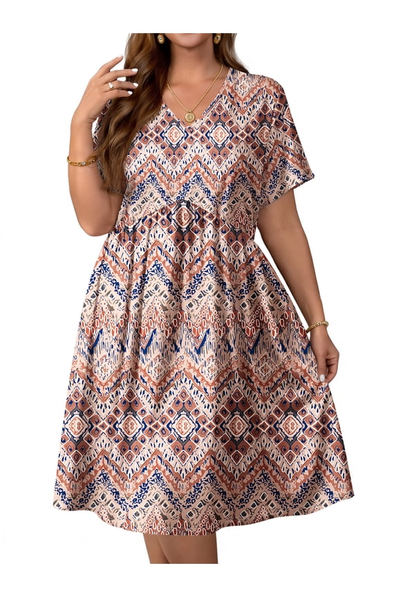 Plus size Dresses For Women Floral Casual V Neck Short Sleeve Sundresses Midi Summer Dress with Pockets