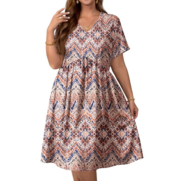 WellSize Plus size Dresses For Women Floral Casual V Neck Short Sleeve Sundresses Midi Summer Dress with Pockets