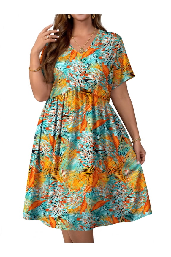 Plus size Dresses For Women Floral Casual V Neck Short Sleeve Sundresses Midi Summer Dress with Pockets