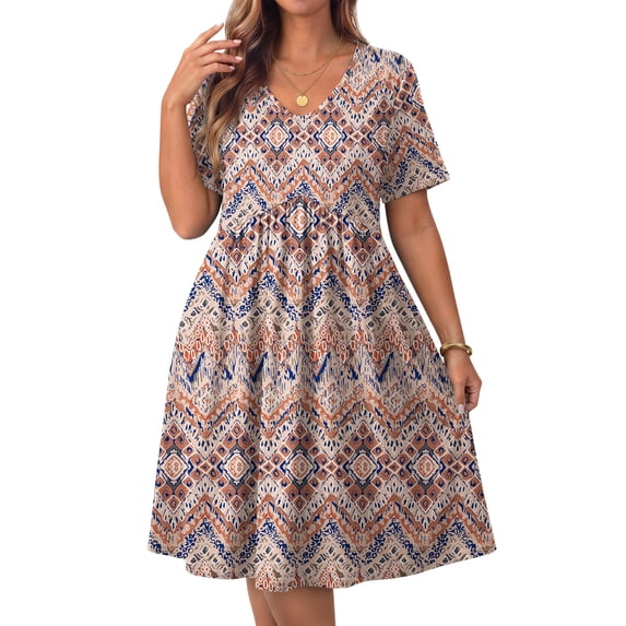 WellSize Plus size Dresses For Women Floral Casual V Neck Short Sleeve Sundresses Midi Summer Dress with Pockets