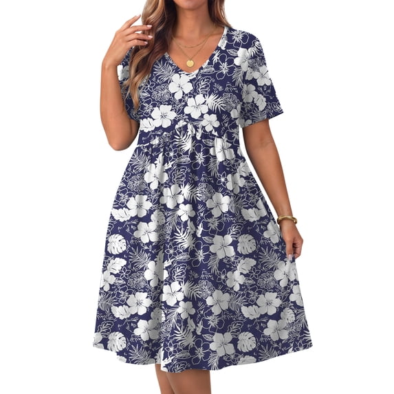 WellSize Plus size Dresses For Women Floral Casual V Neck Short Sleeve Sundresses Midi Summer Dress with Pockets