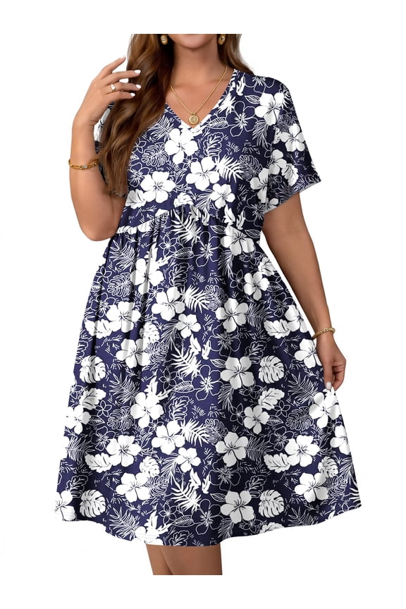 Plus size Dresses For Women Floral Casual V Neck Short Sleeve Sundresses Midi Summer Dress with Pockets