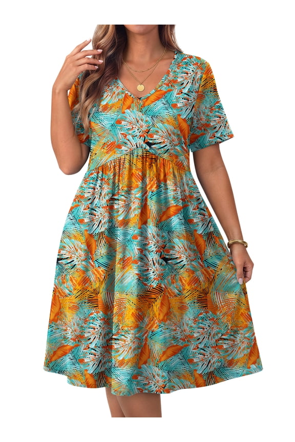 Plus size Dresses For Women Floral Casual V Neck Short Sleeve Sundresses Midi Summer Dress with Pockets