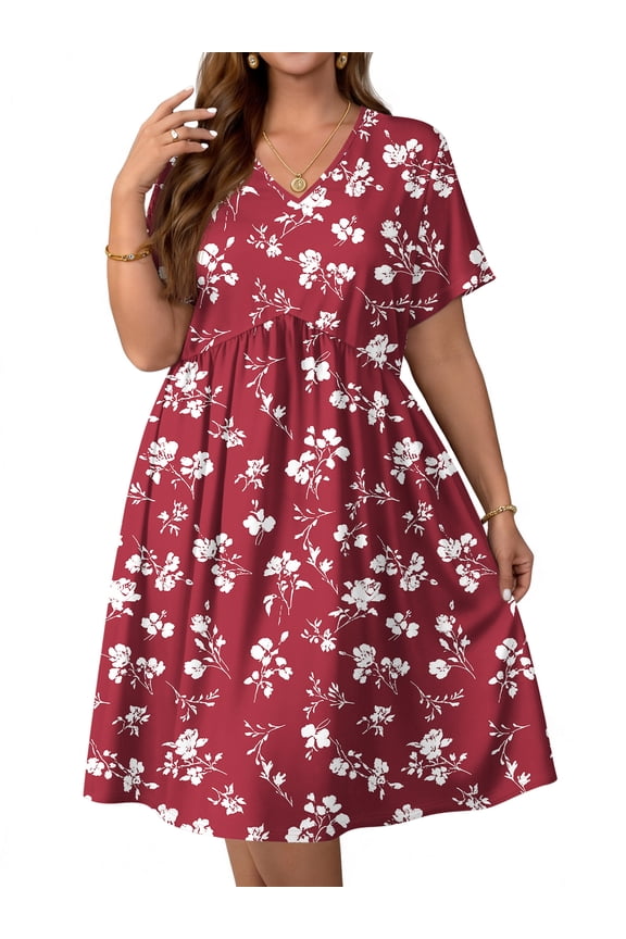 Plus size Dresses For Women Floral Casual V Neck Short Sleeve Sundresses Midi Summer Dress with Pockets