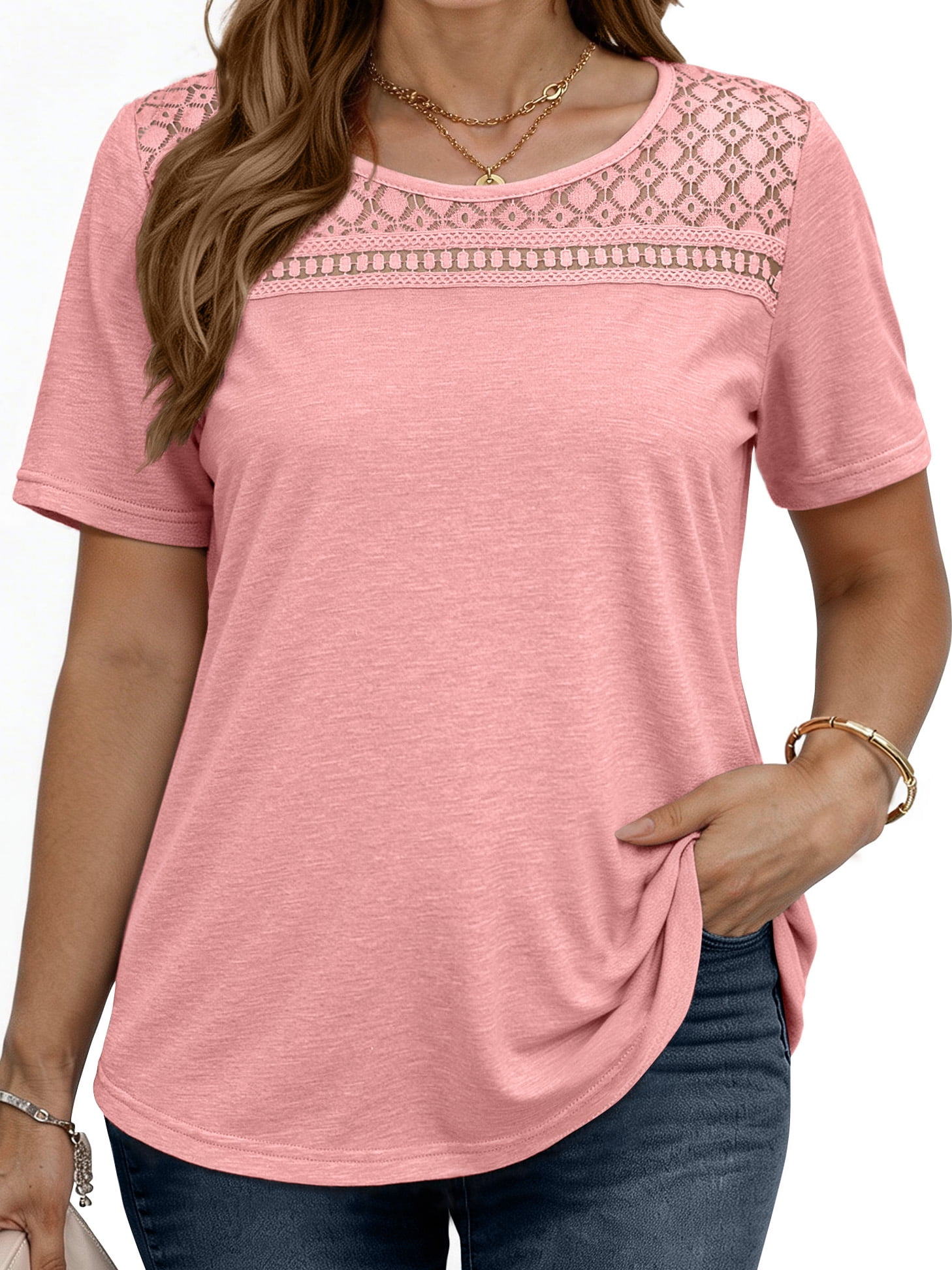 WellSize Women Plus Size Blouses Dressy Lace Crew Neck Tops Casual ...
