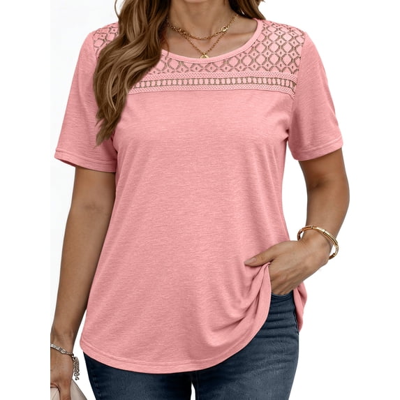WellSize Women Plus Size Blouses Dressy Lace Crew Neck Tops Casual Short Sleeve Summer Shirts