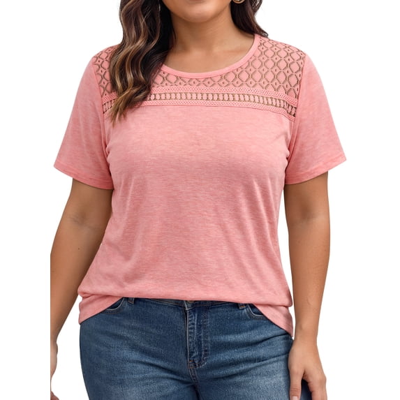 WellSize Women Plus Size Blouses Dressy Lace Crew Neck Tops Casual Short Sleeve Summer Shirts
