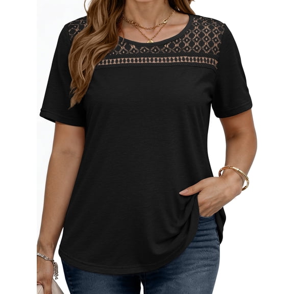 WellSize Women Plus Size Blouses Dressy Lace Crew Neck Tops Casual Short Sleeve Summer Shirts