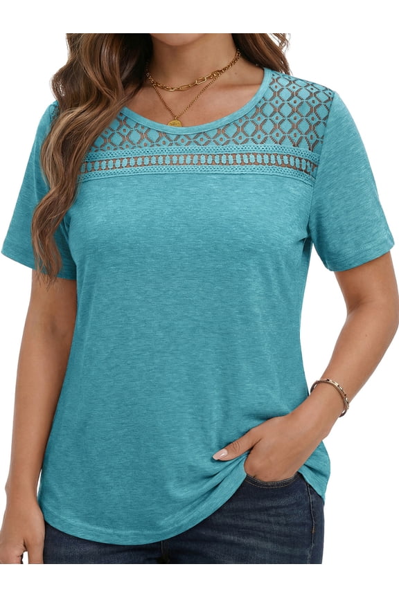 Women Plus Size Blouses Dressy Lace Crew Neck Tops Casual Short Sleeve Summer Shirts