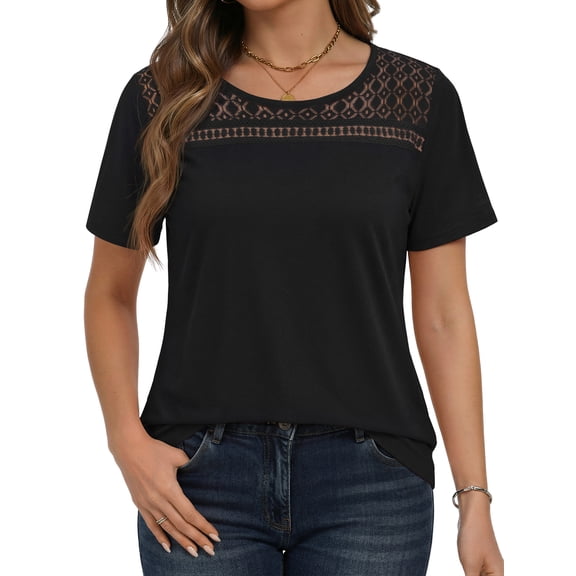 WellSize Women Plus Size Blouses Dressy Lace Crew Neck Tops Casual Short Sleeve Summer Shirts