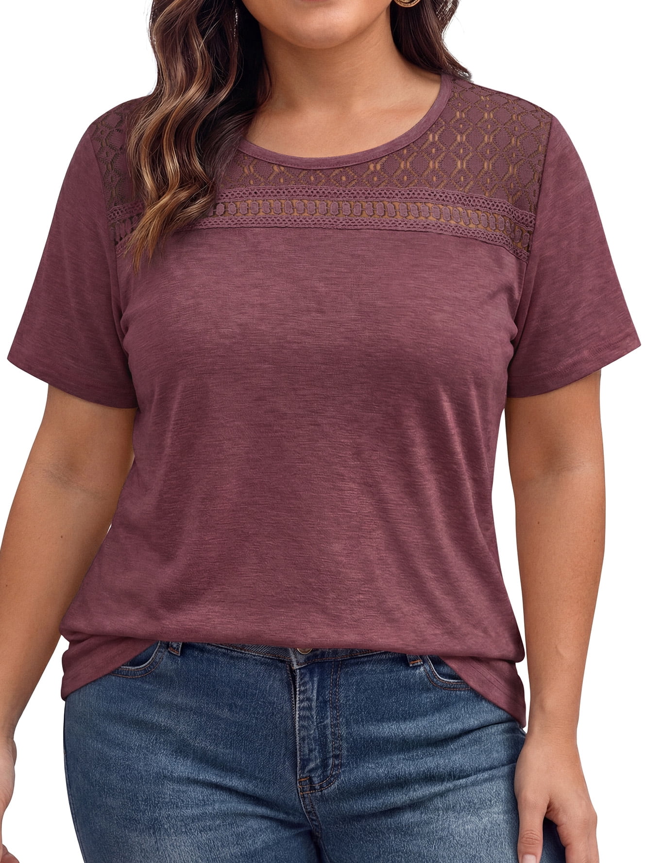 WellSize Women Plus Size Blouses Dressy Lace Crew Neck Tops Casual ...