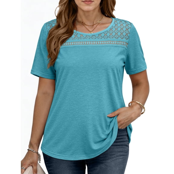 WellSize Women Plus Size Blouses Dressy Lace Crew Neck Tops Casual Short Sleeve Summer Shirts