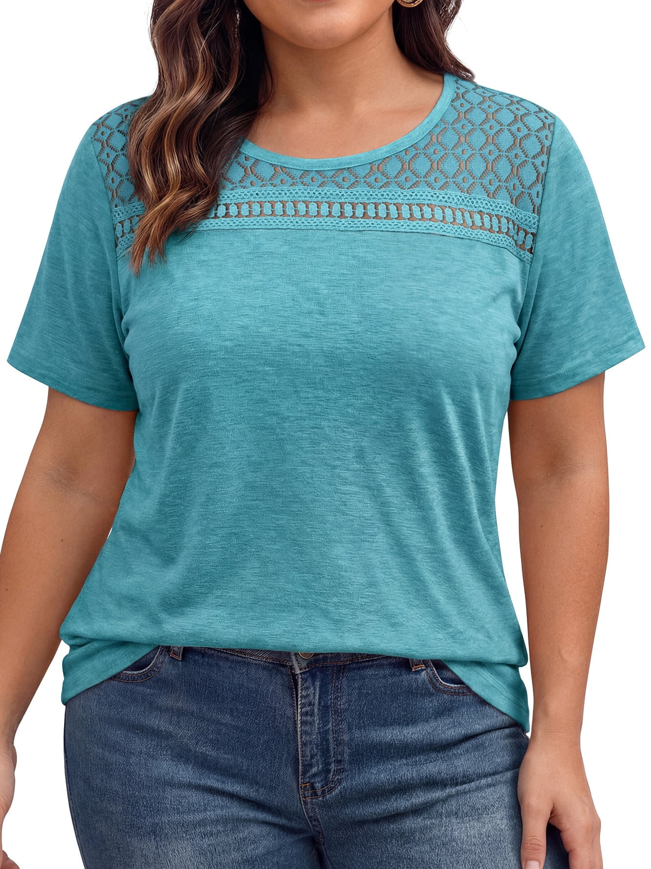 WellSize Women Plus Size Blouses Dressy Lace Crew Neck Tops Casual ...