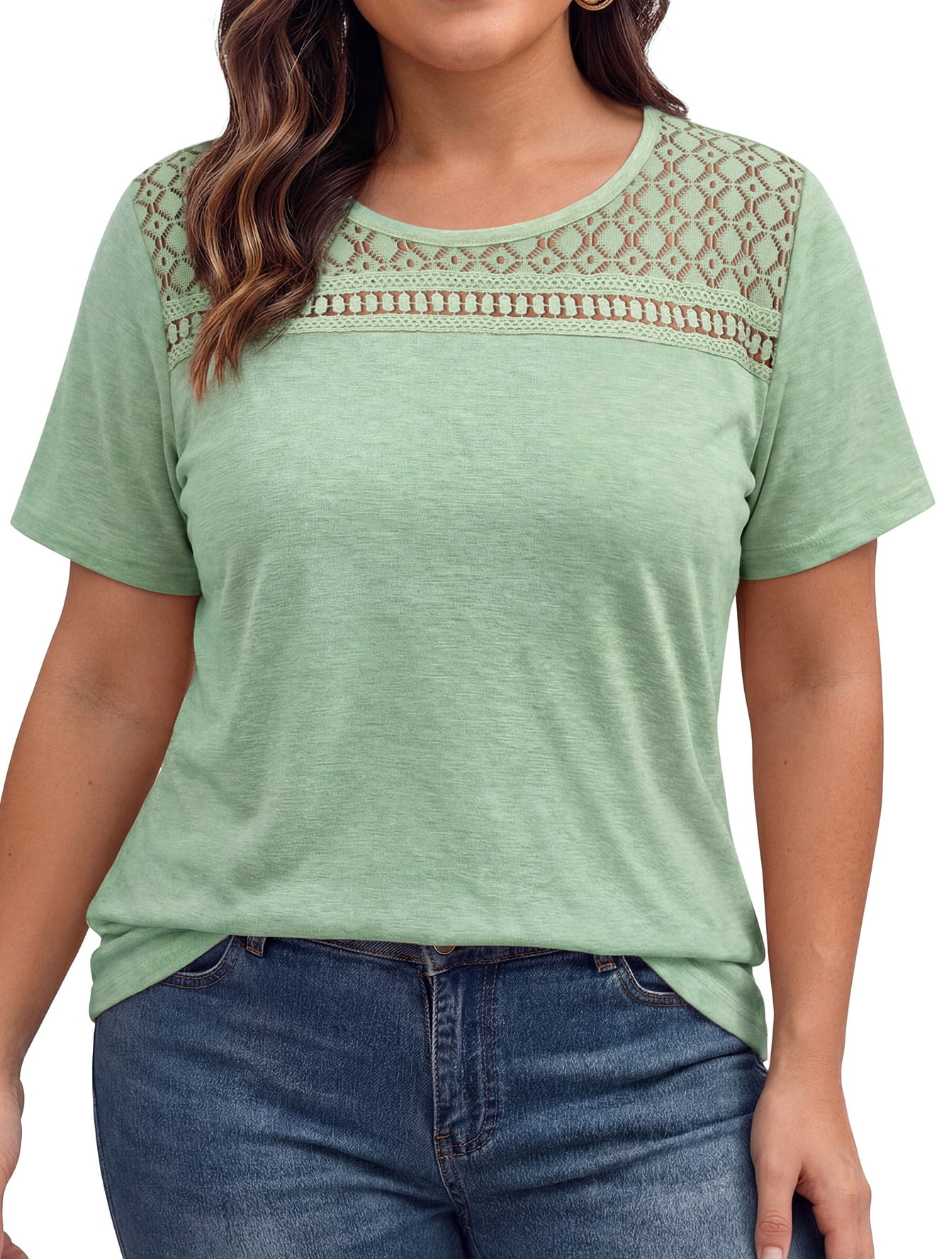 WellSize Women Plus Size Blouses Dressy Lace Crew Neck Tops Casual ...