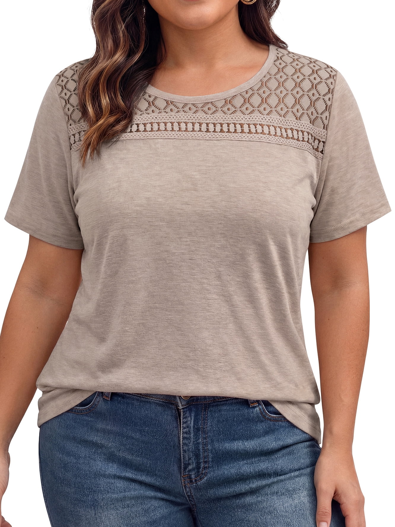 WellSize Women Plus Size Blouses Dressy Lace Crew Neck Tops Casual ...