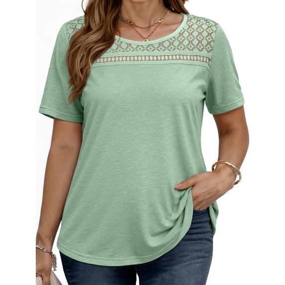 WellSize Women Plus Size Blouses Dressy Lace Crew Neck Tops Casual Short Sleeve Summer Shirts