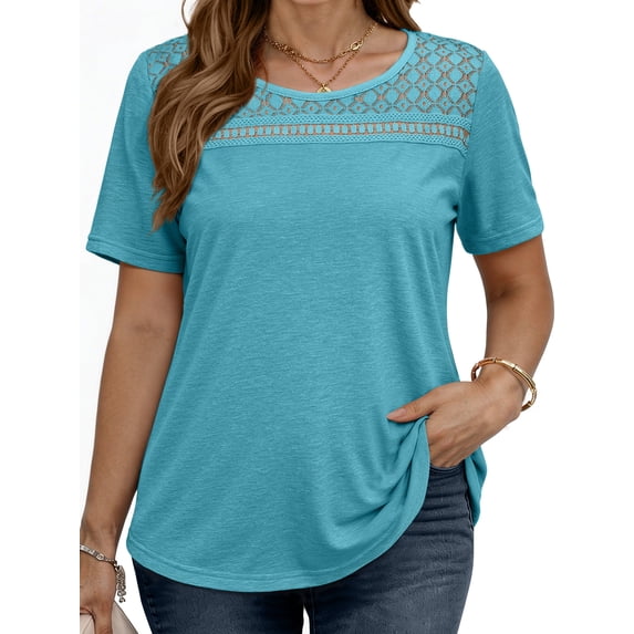 WellSize Women Plus Size Blouses Dressy Lace Crew Neck Tops Casual Short Sleeve Summer Shirts