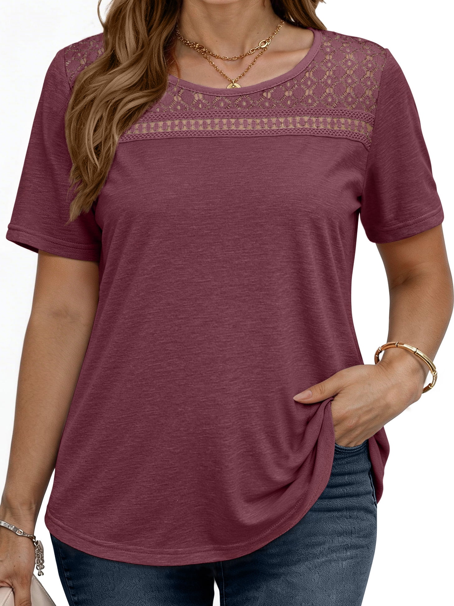WellSize Women Plus Size Blouses Dressy Lace Crew Neck Tops Casual ...