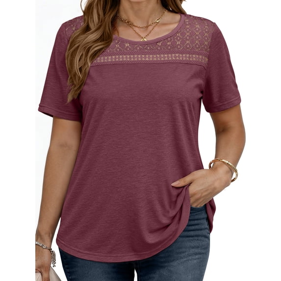 WellSize Women Plus Size Blouses Dressy Lace Crew Neck Tops Casual Short Sleeve Summer Shirts