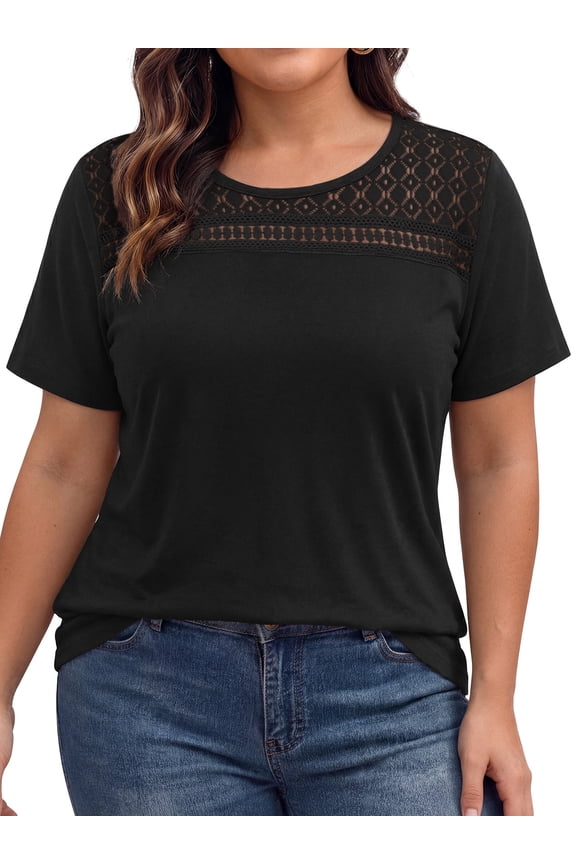 Women Plus Size Blouses Dressy Lace Crew Neck Tops Casual Short Sleeve Summer Shirts