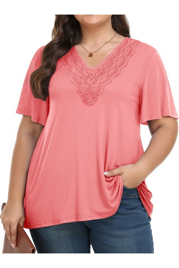 Women Plus Size Tops Dressy Lace V Neck Shirts Casaul Short Sleeve Tunic Blouses