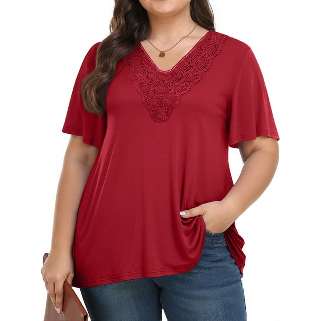WellSize Women Plus Size Tops Dressy Lace V Neck Shirts Casaul Short ...