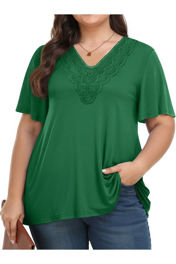 Women Plus Size Tops Dressy Lace V Neck Shirts Casaul Short Sleeve Tunic Blouses