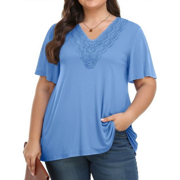 WellSize Women Plus Size Tops Dressy Lace V Neck Shirts Casaul Short Sleeve Tunic Blouses