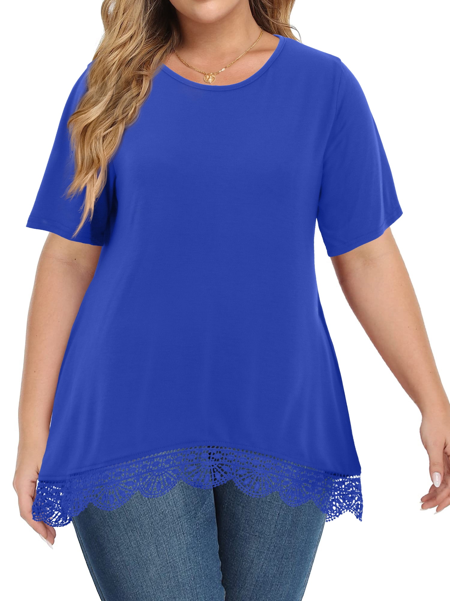 WellSize Women Plus Size Tops Casual Lace Tunic Blouse Summer Crew Neck ...