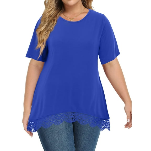 WellSize Women Plus Size Tops Casual Lace Tunic Blouse Summer Crew Neck Short Sleeve Shirts