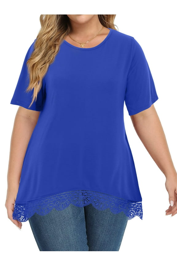 Women Plus Size Tops Casual Lace Tunic Blouse Summer Crew Neck Short Sleeve Shirts