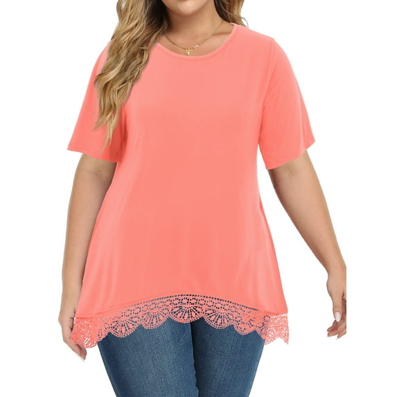 WellSize Women Plus Size Tops Casual Lace Tunic Blouse Summer Crew Neck Short Sleeve Shirts