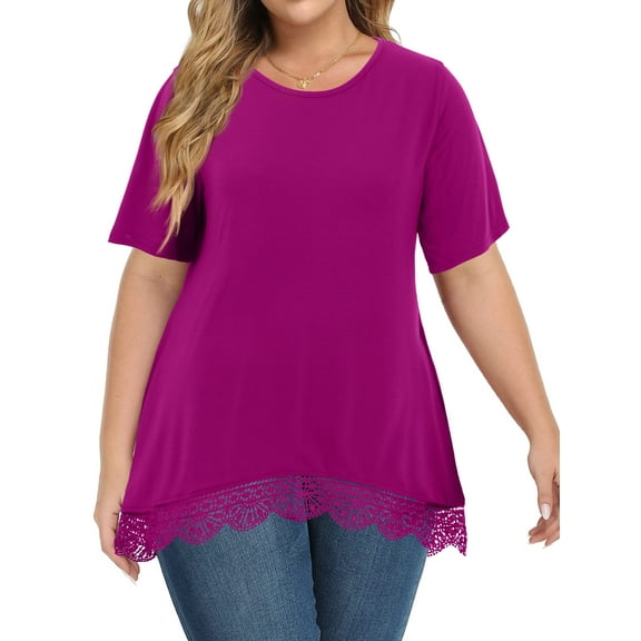 WellSize Women Plus Size Tops Casual Lace Tunic Blouse Summer Crew Neck Short Sleeve Shirts