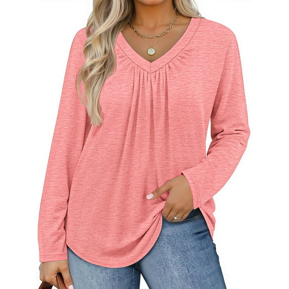 WellSize Womens Plus Size Tops Casual Pleated V Neck Fall Blouse Tunic Long Sleeve Shirts