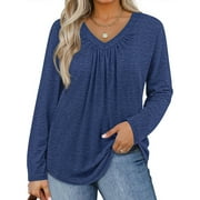 WELLSIZE Womens Plus Size Tops Casual Pleated V Neck Fall Blouse Tunic Long Sleeve Shirts