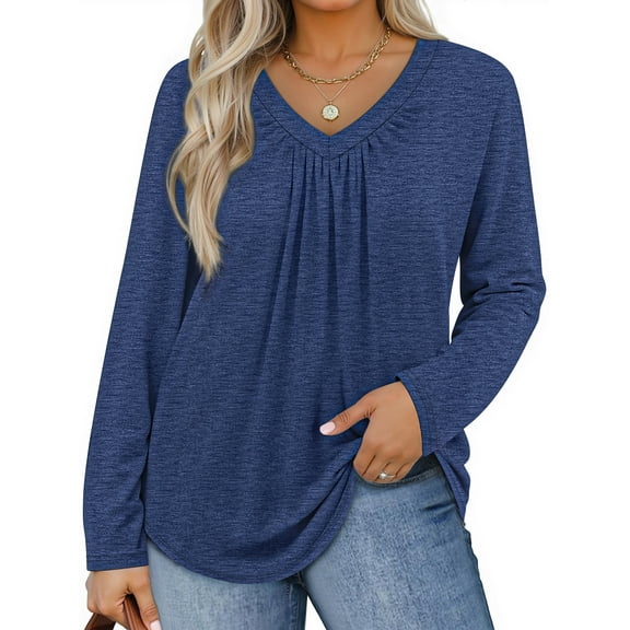WellSize Womens Plus Size Tops Casual Pleated V Neck Fall Blouse Tunic Long Sleeve Shirts