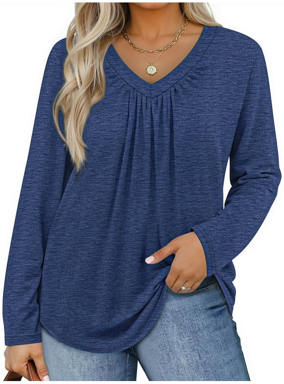 Womens Plus Size Tops Casual Pleated V Neck Fall Blouse Tunic Long Sleeve Shirts