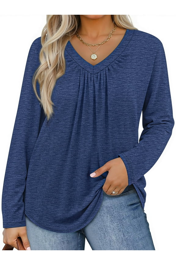 Womens Plus Size Tops Casual Pleated V Neck Fall Blouse Tunic Long Sleeve Shirts