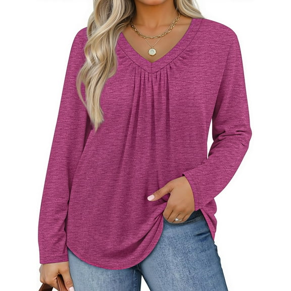 WellSize Womens Plus Size Tops Casual Pleated V Neck Fall Blouse Tunic Long Sleeve Shirts