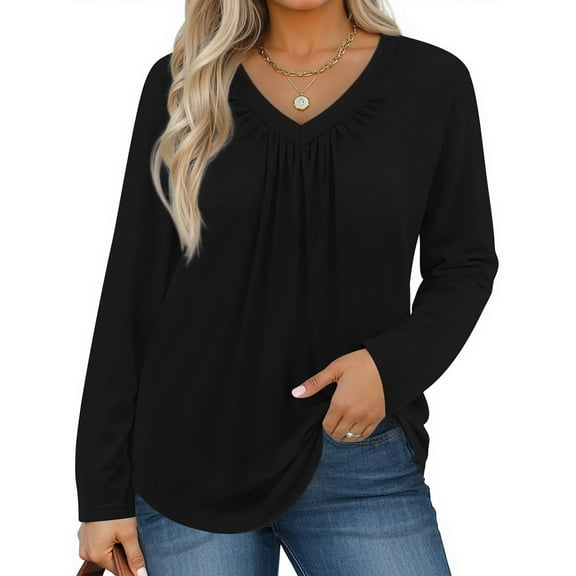 WellSize Womens Plus Size Tops Casual Pleated V Neck Fall Blouse Tunic Long Sleeve Shirts