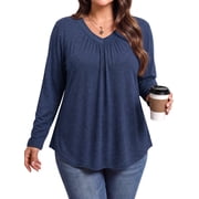 WellSize Womens Plus Size Tops Casual Pleated V Neck Fall Blouse Tunic Long Sleeve Shirts