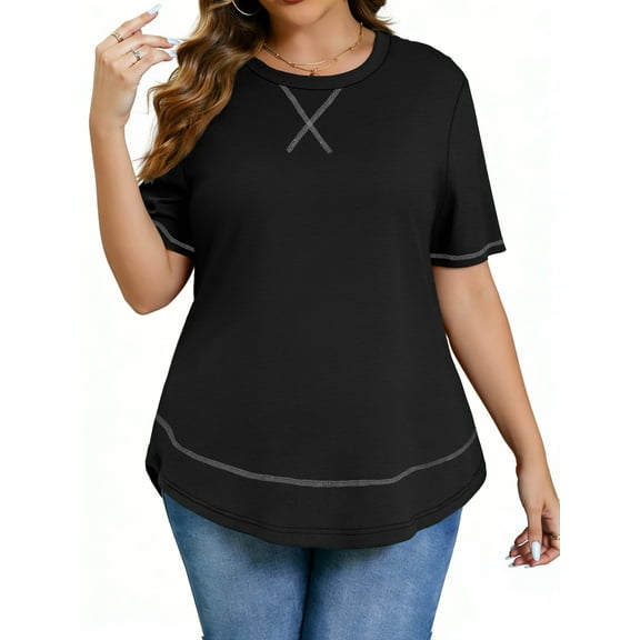 WellSize Womens Plus size Tops Curved Hem Summer Short Sleeve Shirts Loose Casual Tunic Tee